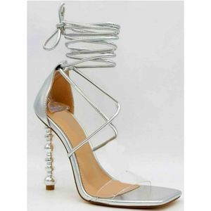 Silver Metallic open toe strap up heels
